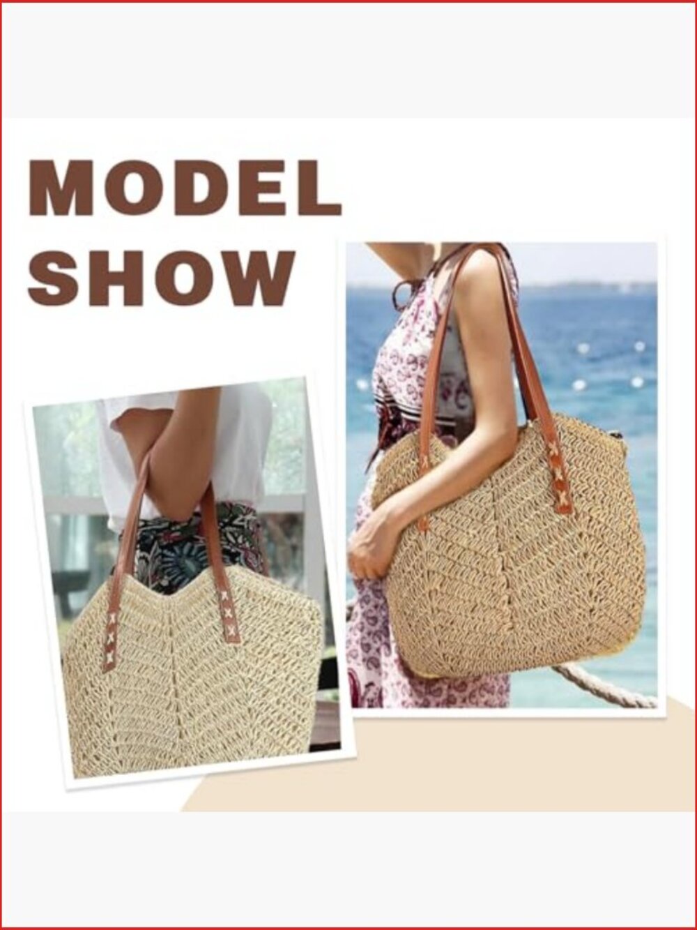 Straw Beach Tote Bag Summer Woven Handmade Shoulder Bucket Purse - Picture 2 of 6